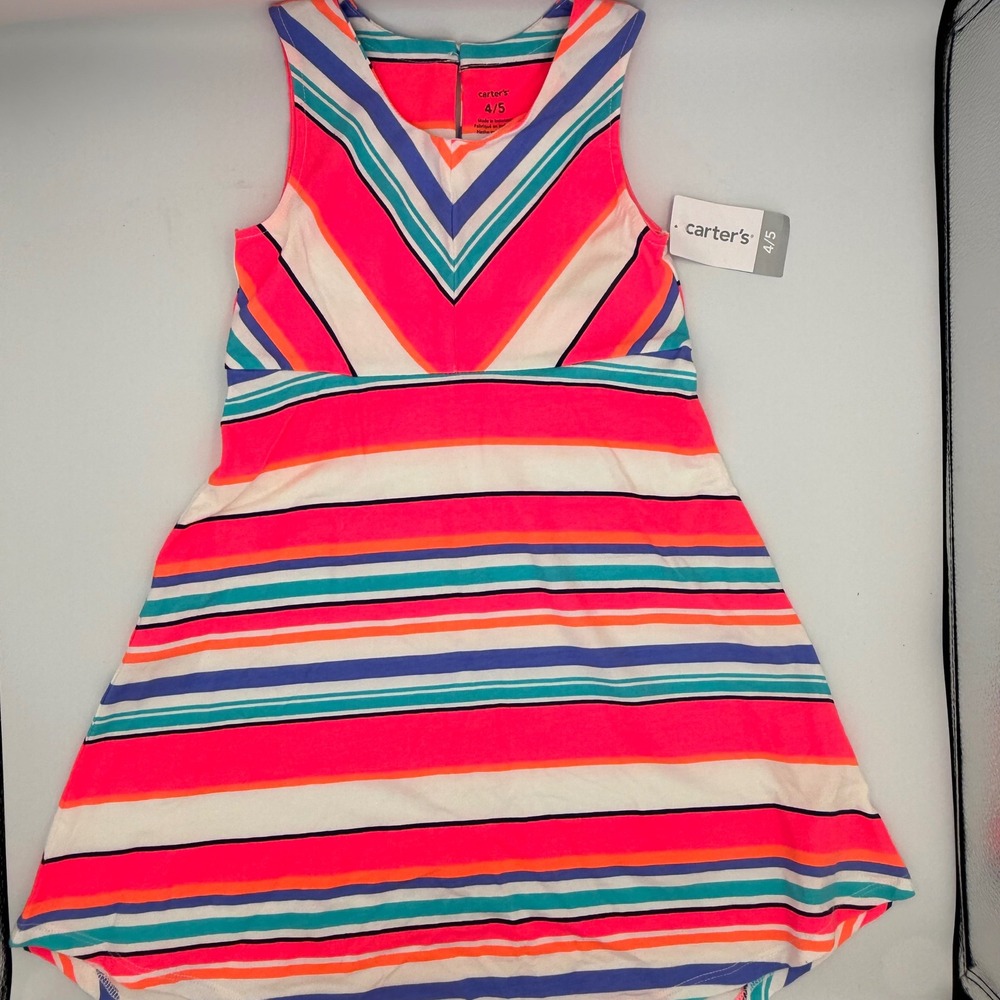 Carters Girls Size 4/5 Pink Orange Teal Striped Sleeveless Jersey Dress NWT
